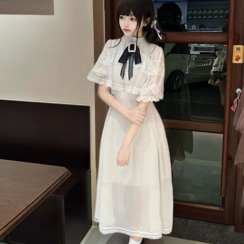 

Sweet Youthful Temperament Rustic Style Lace Short Sleeved White Dress Summer New High Waist Slimming Long Dresses for Women