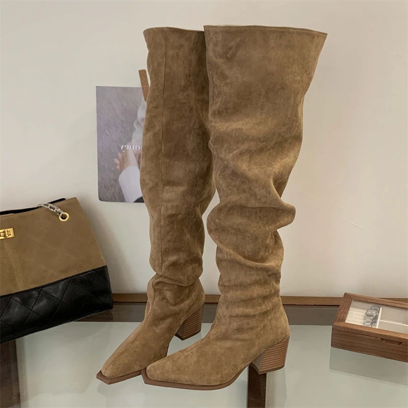 

Eilyken Winter Square Heels Women Over The Knee Boots Shoes Punk Style Pleated Pointed Toe Long Botas De Mujer