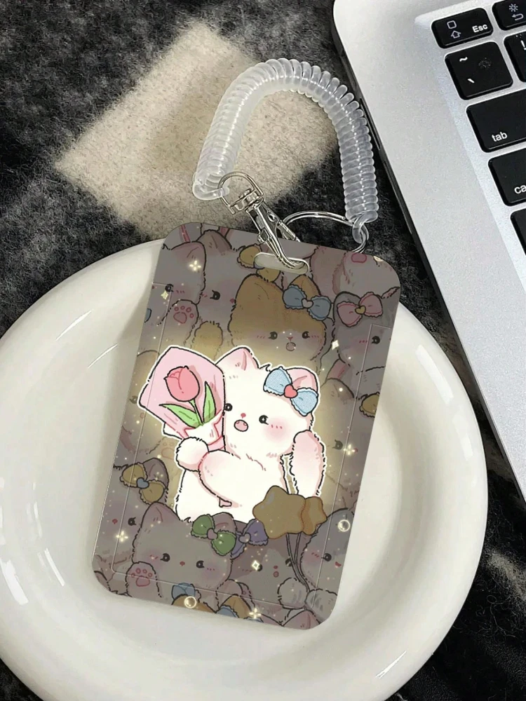 Kawaii Cat Pattern Card Holder with Retractable Spring Cord Suitable for Bank Identity Bus ID Card Sleeve Case Campus Lunch Card