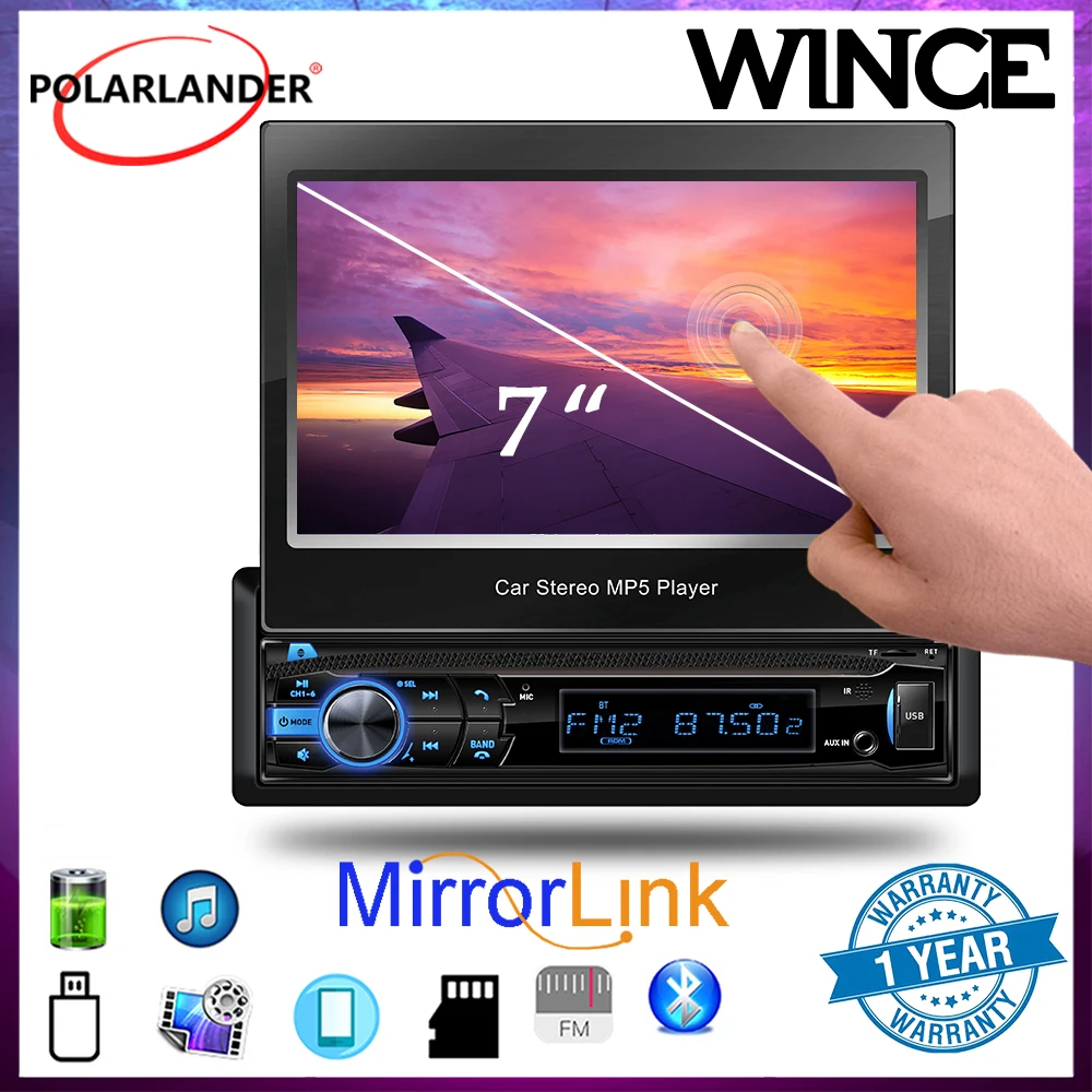 

Car Multimedia Player 1 DIN 7Inch Intelligent Voice MP5 Player Automatic Retractable Screen AUX /SD/ USB Bluetooth for Universal