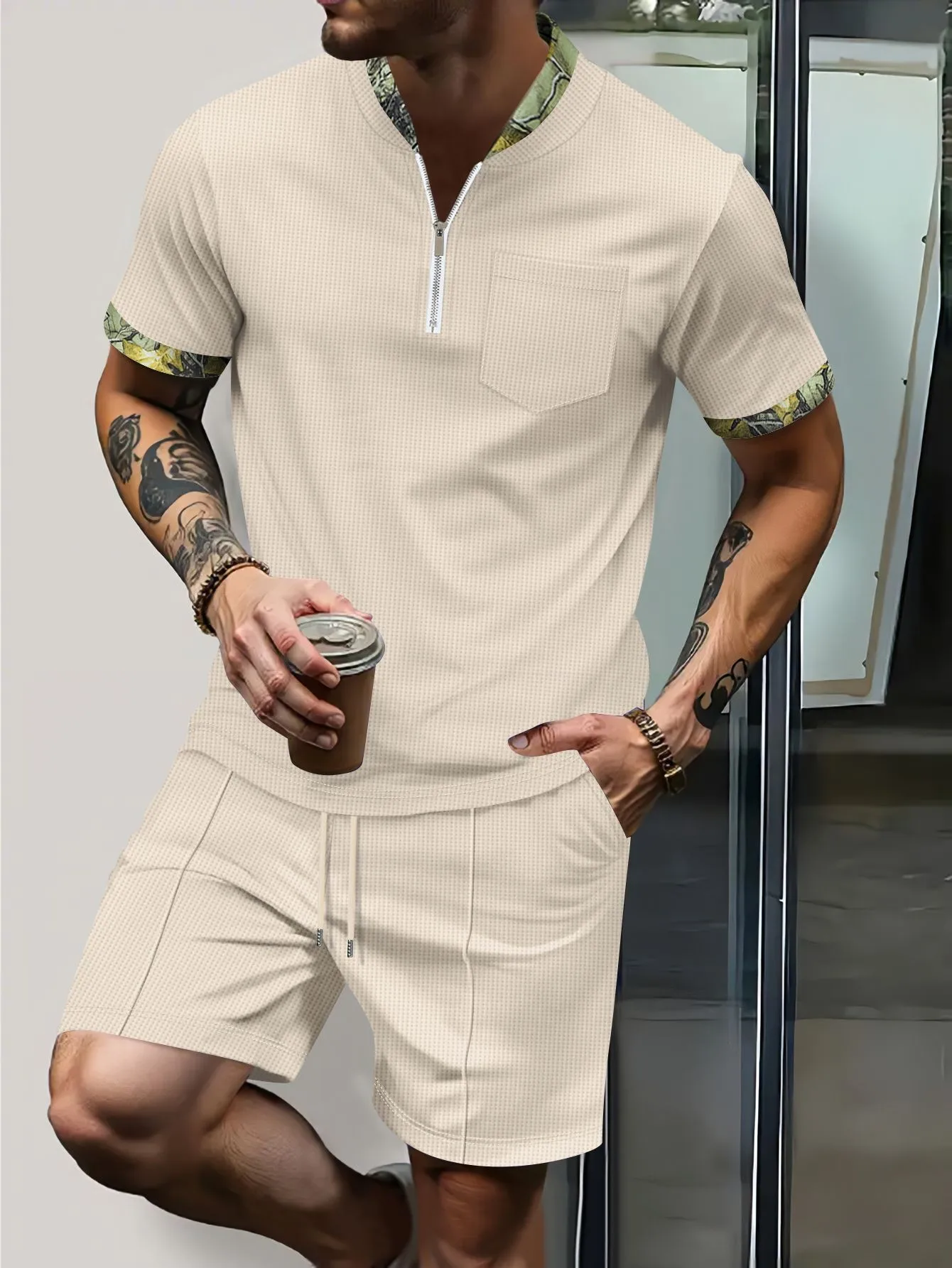 

Men's Waffle Textured Casual Set Quarter Zip Short Sleeve Shirt with Drawstring Shorts Beach Outfit