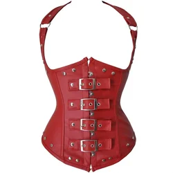 Women Faux Leather Steampunk Halter Corsets Top Sexy Gothic Lace-Up Underbust Corset Retro Shaper Steel Boned Plus Size Lingerie