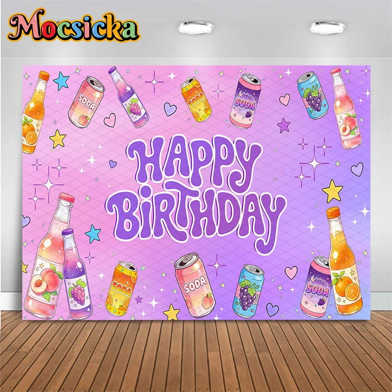 Mocsicka Purple Pink Soda Pop Happy Birthday Backdrop Cartoon Fruit Drink Photography Background Party Decors Photo Booth Banner
