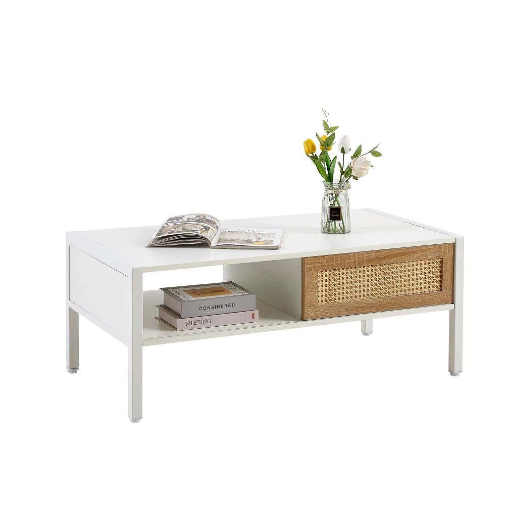 Armário De Armazenamento De Rattan com Pés De Metal, Mesa Central Minimalista Moderna, Mobília Da Sala De Estar, Mesa De Centro Com Porta Deslizante