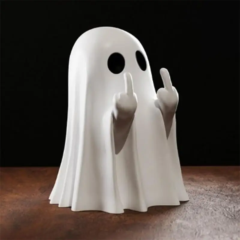 Small White Scary Ghost Middle Finger Cute Ghost Statue Figurines Halloween Party Home Desktop Decoration Courtyard Ornament