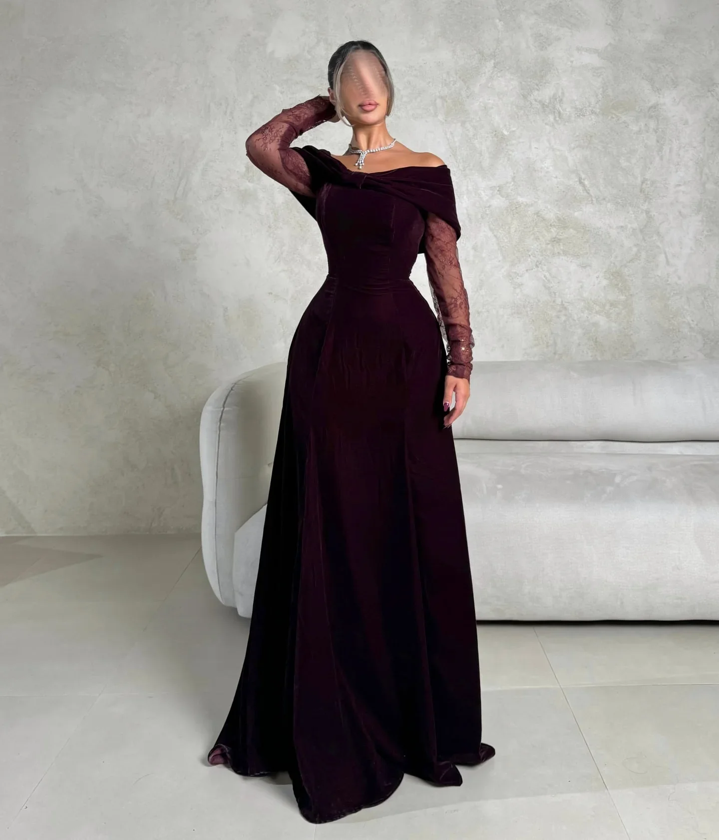 QA Elegant Sharon Happy Evening Dresses Off-the-shoulder Velvet Lace Long Sleeves Bow Pleats A-line Prom Floor Length Zipper