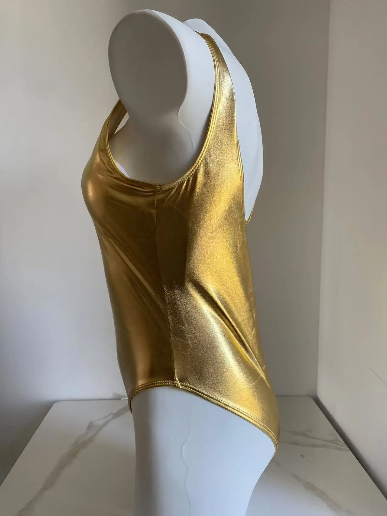 Maiôs brilhantes de uma peça, feminino, dourado, prateado, metálico, couro, gola redonda, conjunto de biquíni para mulheres, verão, trajes de banho, moda praia