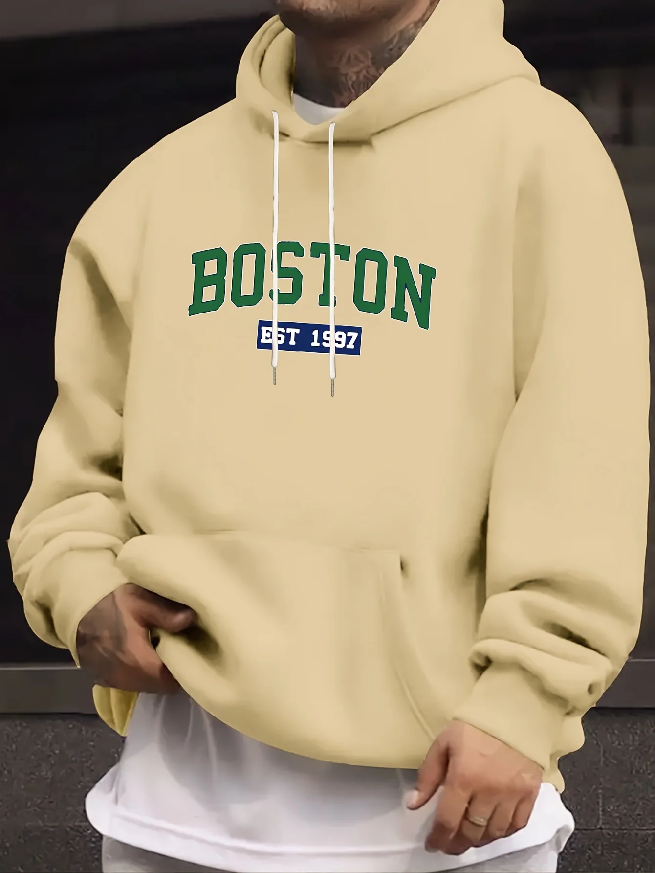 Herren-Hoodie mit Boston EST 1997 Schriftzug, Vintage College-Stil, locker geschnittener, übergroßer, lässiger Streetwear-Pullover – Detail 3