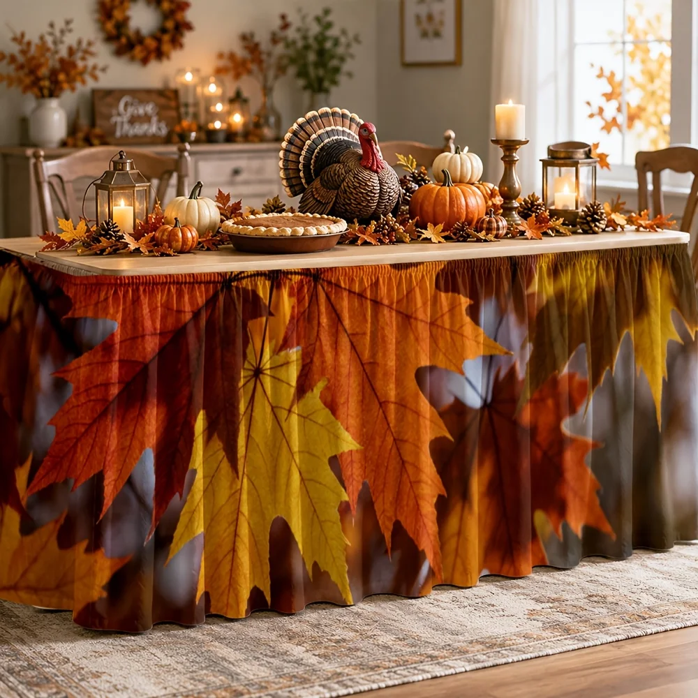 Table skirt with autumn leaf pattern, warm tones, natural style, suitable for autumn use.zyc