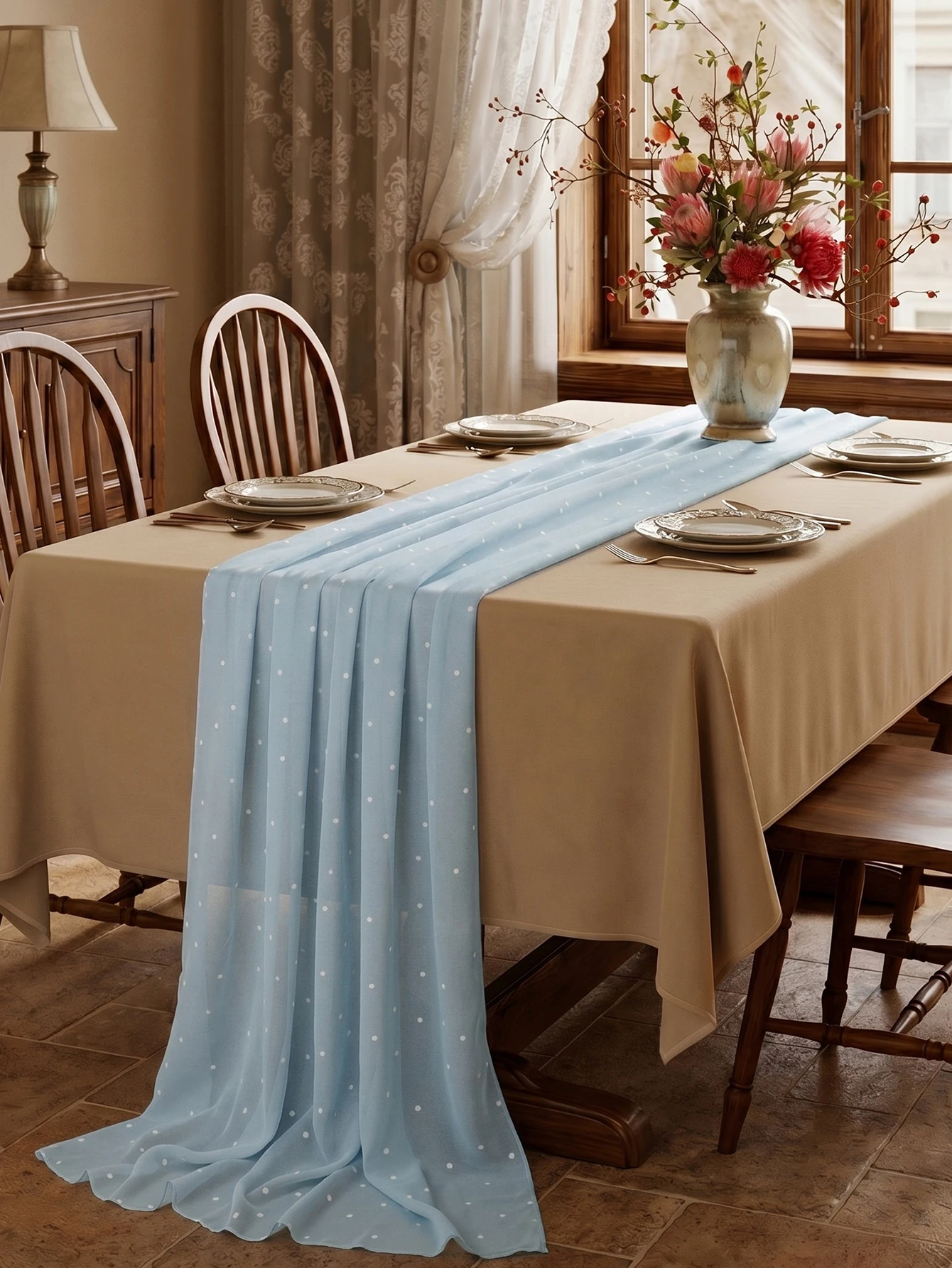 Gauze Tablecloth with Light Blue Chiffon Printed Pattern,Wedding Season,Party,Bride Gift-Giving Event,Restaurant,Home Decoration
