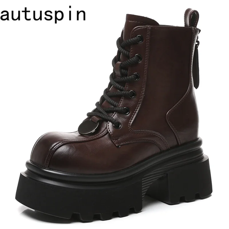 AUTUSPIN, botas de moto para mujer con plataforma de tacón alto y grueso de 9,5 cm, botines cortos de invierno de cuero suave a la moda, zapatos de punta ancha para mujer