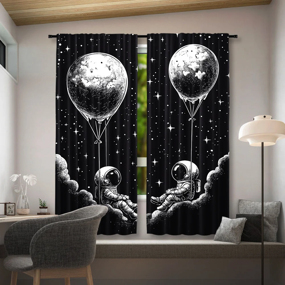 curtain2pcs Astronaut Curtains- Cartoon Cute Astronaut& Planets Cosmic Adventure Print, 100% Polyester Rod Pocket Semi-Transluce