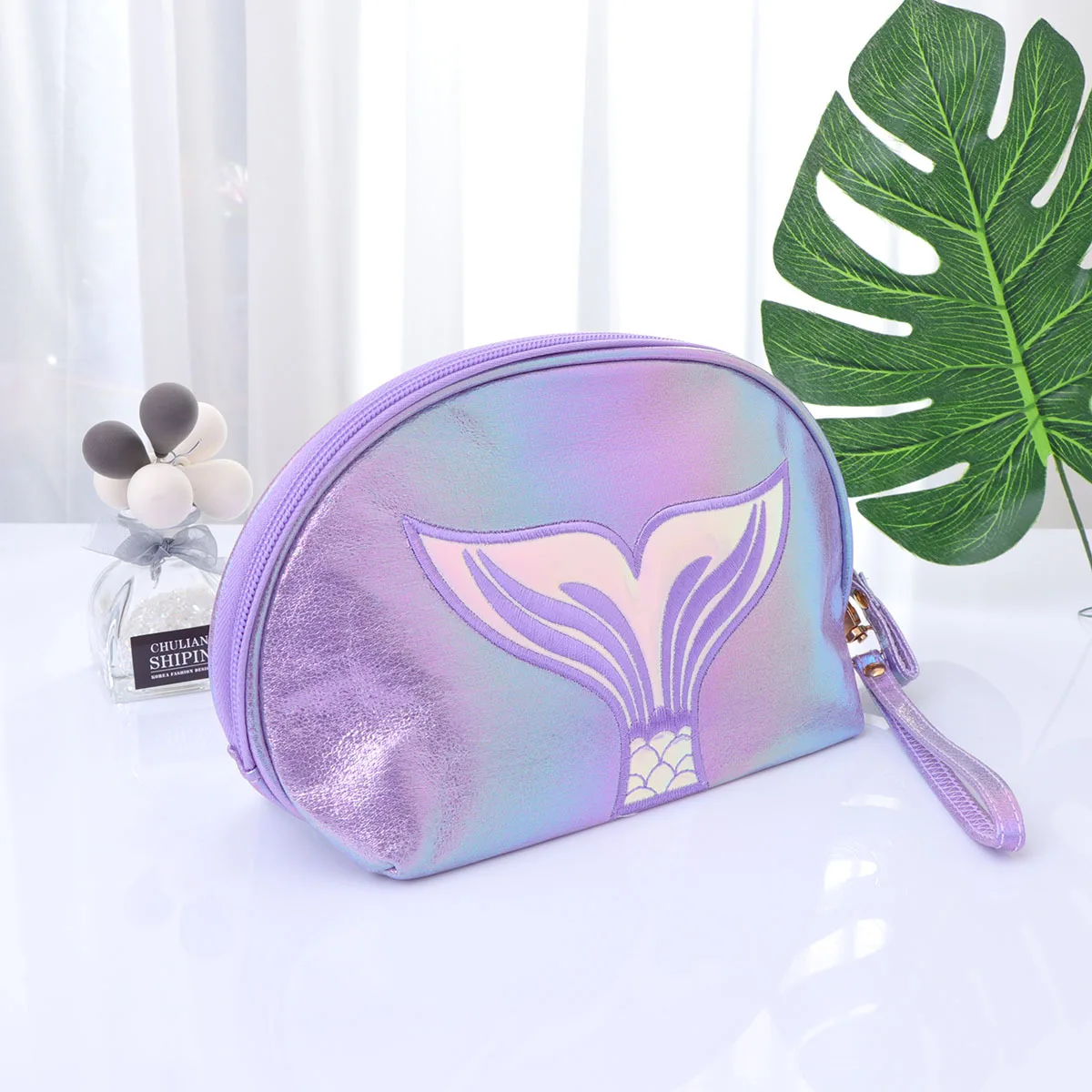 

Fishtail Pattern Makeup Bag Light Purple Shiny Travel Toiletry Organizer Pouch Storage Case For Women Trip Camping Gear