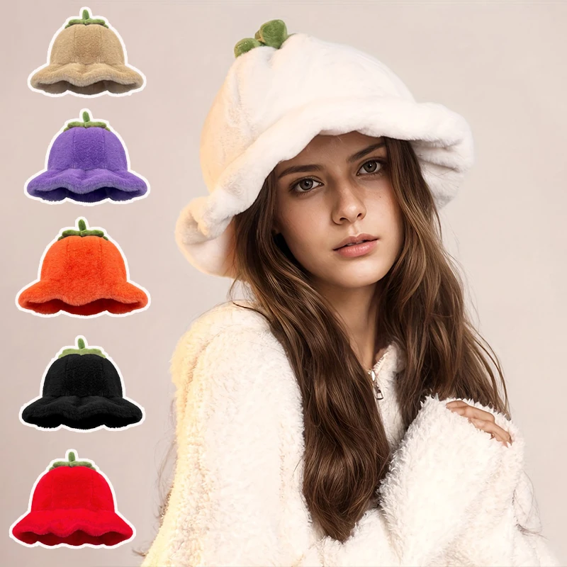 Cute Cartoon Tomato Design Plush Bucket Hats Women Autumn and Winter Warm Casual Versatile Show Face Small Sweet Basin Cap