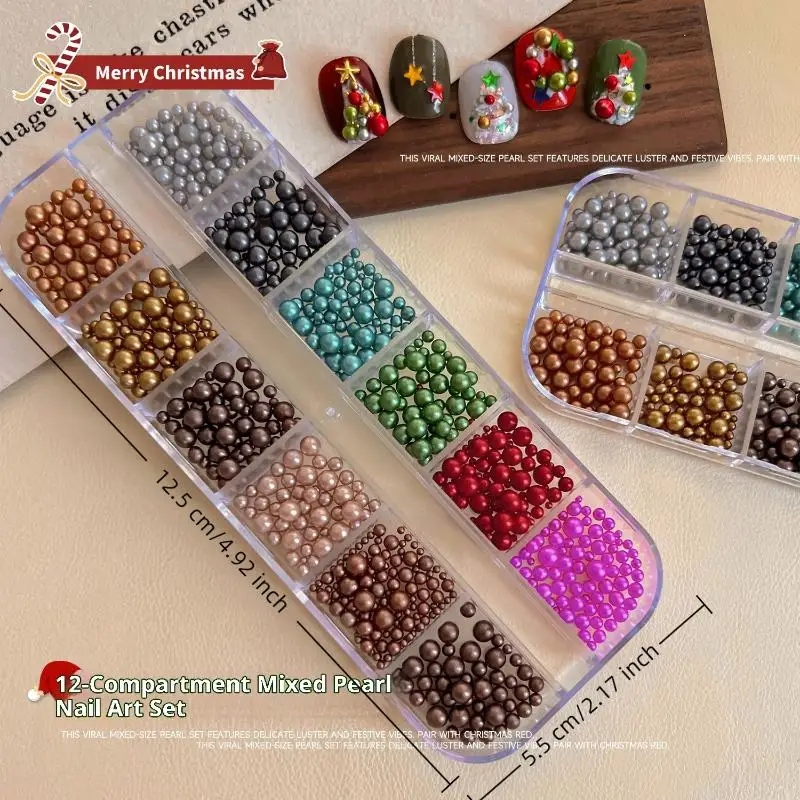 12 Grids Mixed Round Pearls Colourful Stereoscopic Nails Art Decoration Nail Rhinestones Nail Charm Nail Accessories DIY
