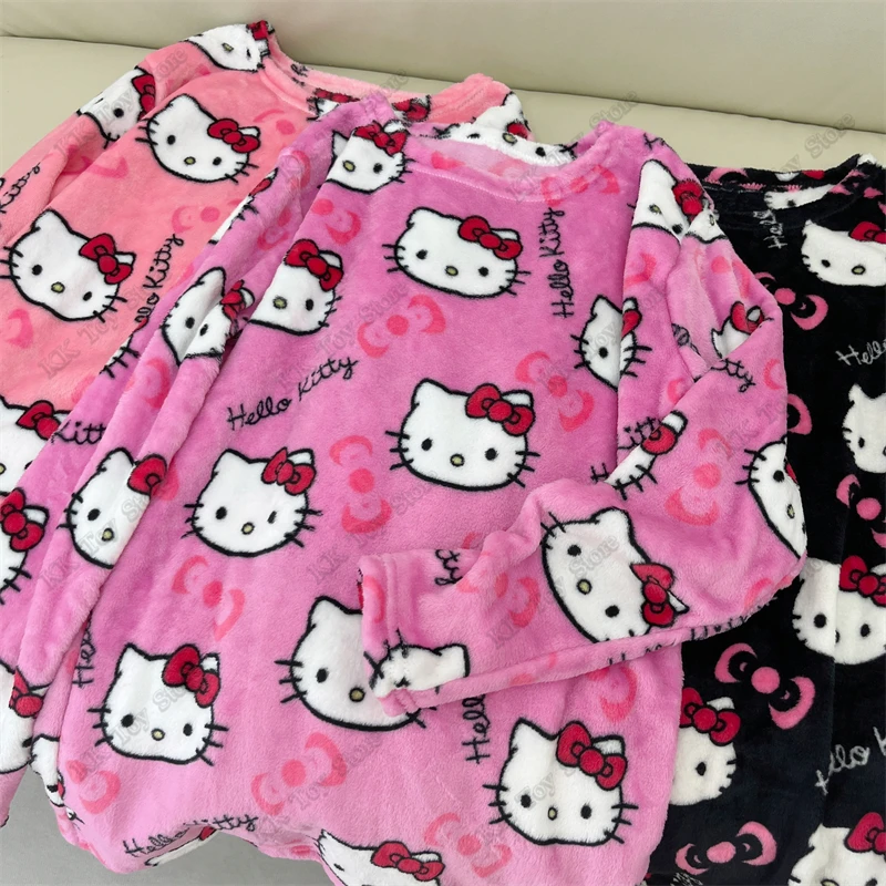 New Kawaii Flannel Hello Kitty Pajamas Set Warm Woolen Casual Home Pants Jacket Fall Winter Thermal Underwear Loungewear Girls