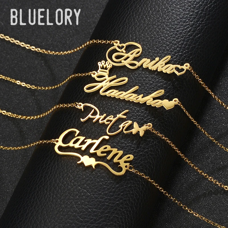 Bluelory Personalized Stainless Steel Women Name Necklaces Custom Butterfly Heart Multistyles Name Jewelry For Girlfriend Gift