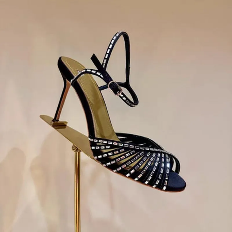 Ladies European Open Toe Stiletto Sandals Thin Strap Backless Super High Heel PU Summer Party Shoes Rhinestone Matte Satin F33