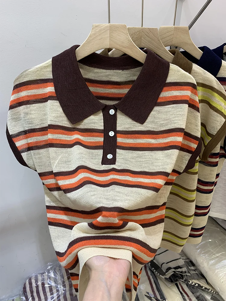 

Slimming Large Size Stripe Color Block Short Sleeve Neck Ice Silk Thin Top Women Summer Fashionable Base Shirt T-Shirt