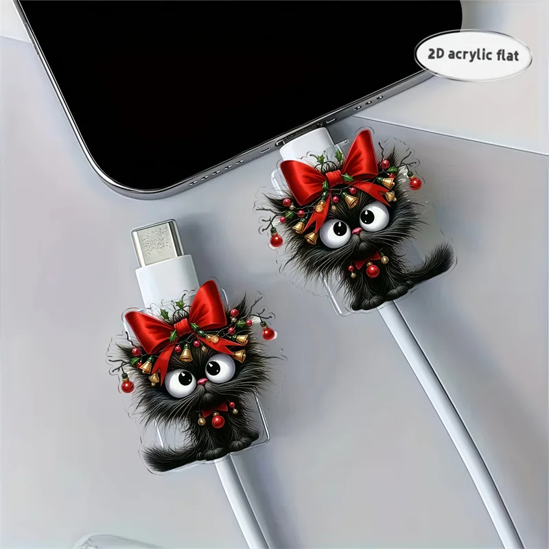 

2D Flat 2pcs Cute Black Cat & Red Bow Design Acrylic Phone Cable Protector Data Line Protection Kit For iPhone/Type-C