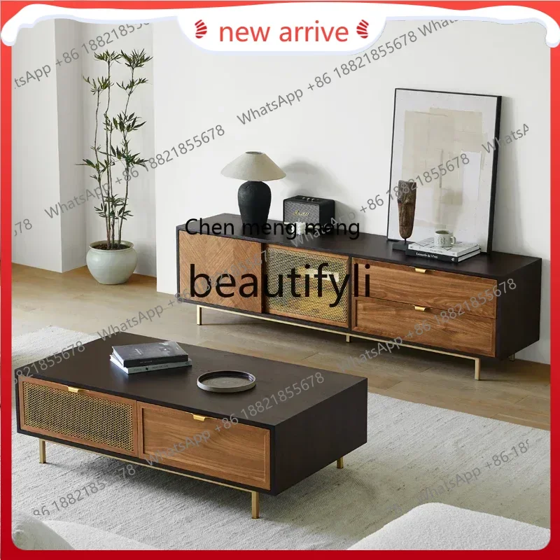

SS ss7486 Nordic retro TV cabinet combination modern simple light luxury living room small apartment walnut color medieval TV ca