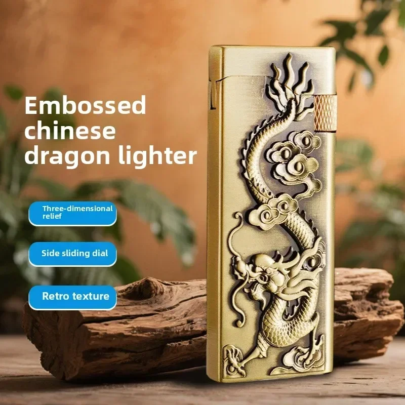 

Relief Chinese Dragon Retro Inflatable Lighter Metal Ultra-Thin Side Sliding Open Flame Cigarette Lighter Grinding Wheel Lighter