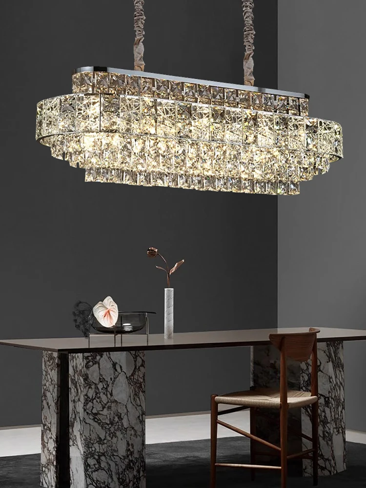 

LED Oval Hanging Lamps Luxury Glittering Crystal Long Pendant Lights Modern Home Decor Dining Room Lustres Ceiling