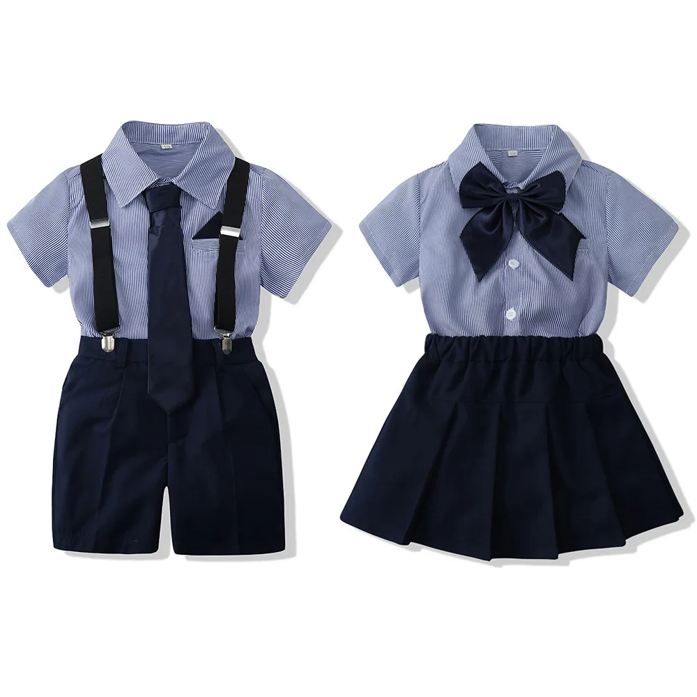 College Style Sibling Outfit Summer New Striped Short Sleeved Shirts for Boys and Girls Performance Graduation School Uniform
