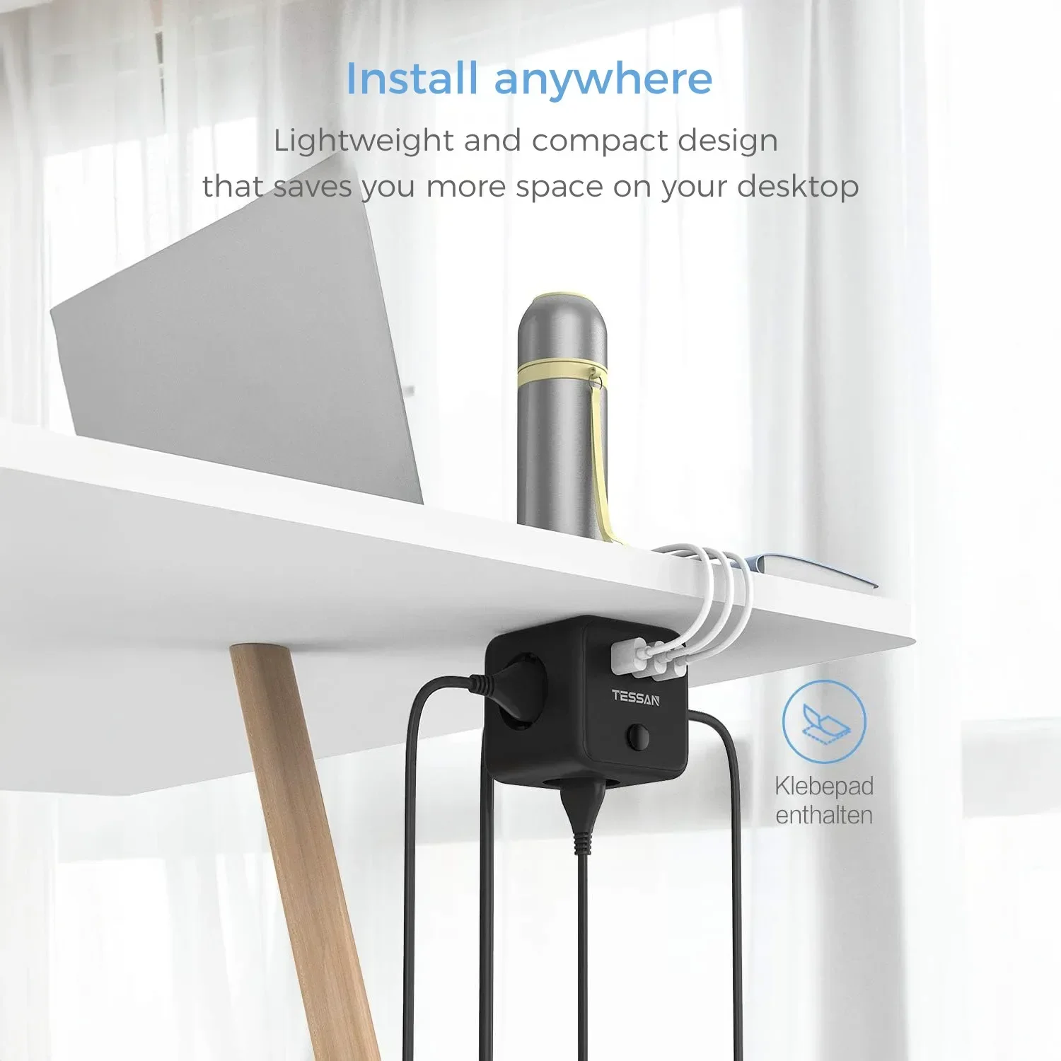 شريط طاقة مكعب من تيسان مع محول موسع مقبس توصيل الاتحاد الأوروبي مع 3 منافذ و3 منافذ شحن USB مع كابل 1.5 متر للمنزل