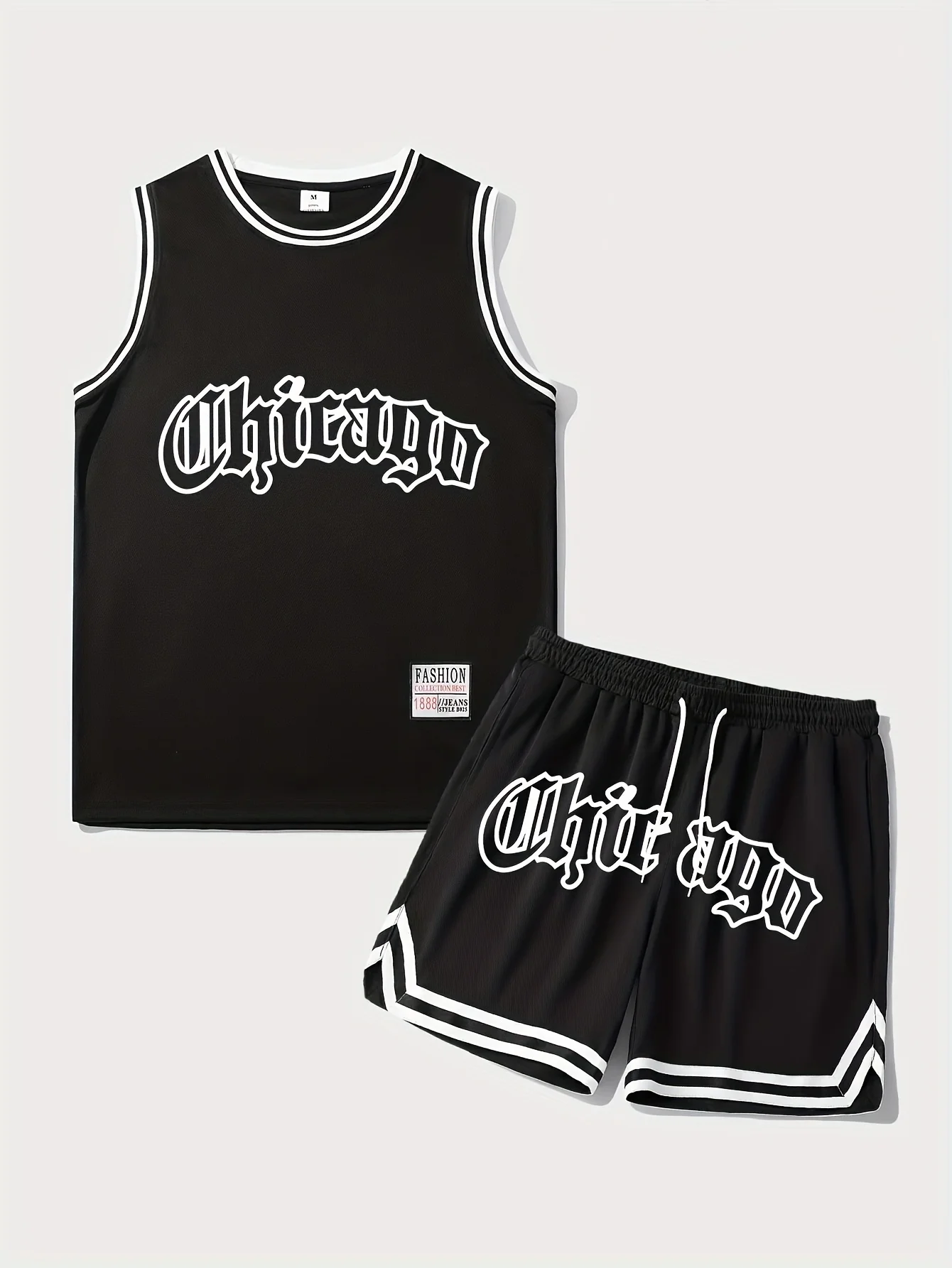 

Men's Casual "Chicago" Print Striped Drawstring Basketball Set, Suitable for Summer Outdoor Sports and Gym