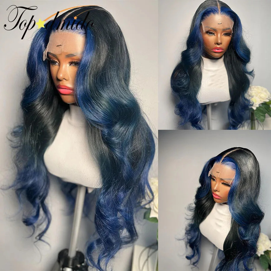 Topodmido Body Wave Dark Highlight Blue Color Wig for Woman 4x4 Closure Brazilian Hair Wig with Baby Hair Glueless Lace Wigs