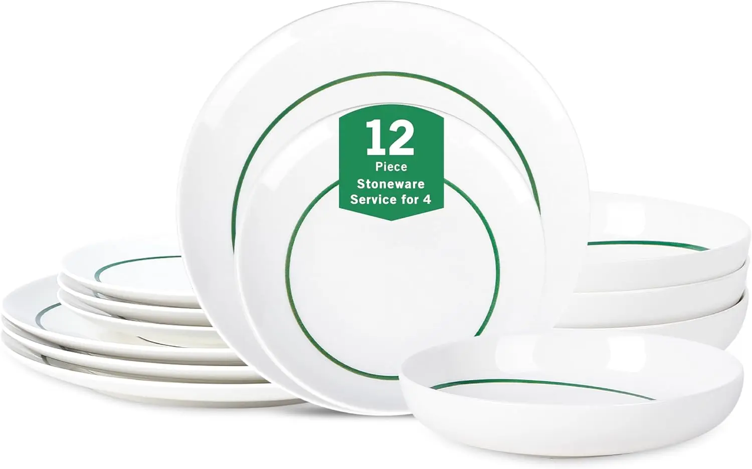 

Luna 12-Piece Porcelain Dinnerware Set, Plates and Bowls Set, Dish Set for 4, Green