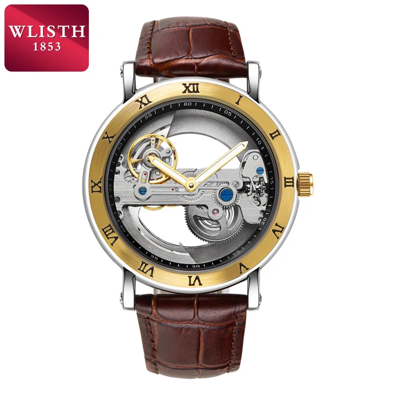 ساعة واليس الجديدة للرجال ميكانيكية، حزام مقاوم للماء، ساعة رائعة مجوفة، حزام مضيء، رجل إبداعي
