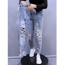 하이웨이스트 루즈핏 봄 여름 신축성 데님 청바지 여성 트렌디 INS 스트레이트 레그 슬리밍 다용도 하란 나인피스 슬리밍 팬츠