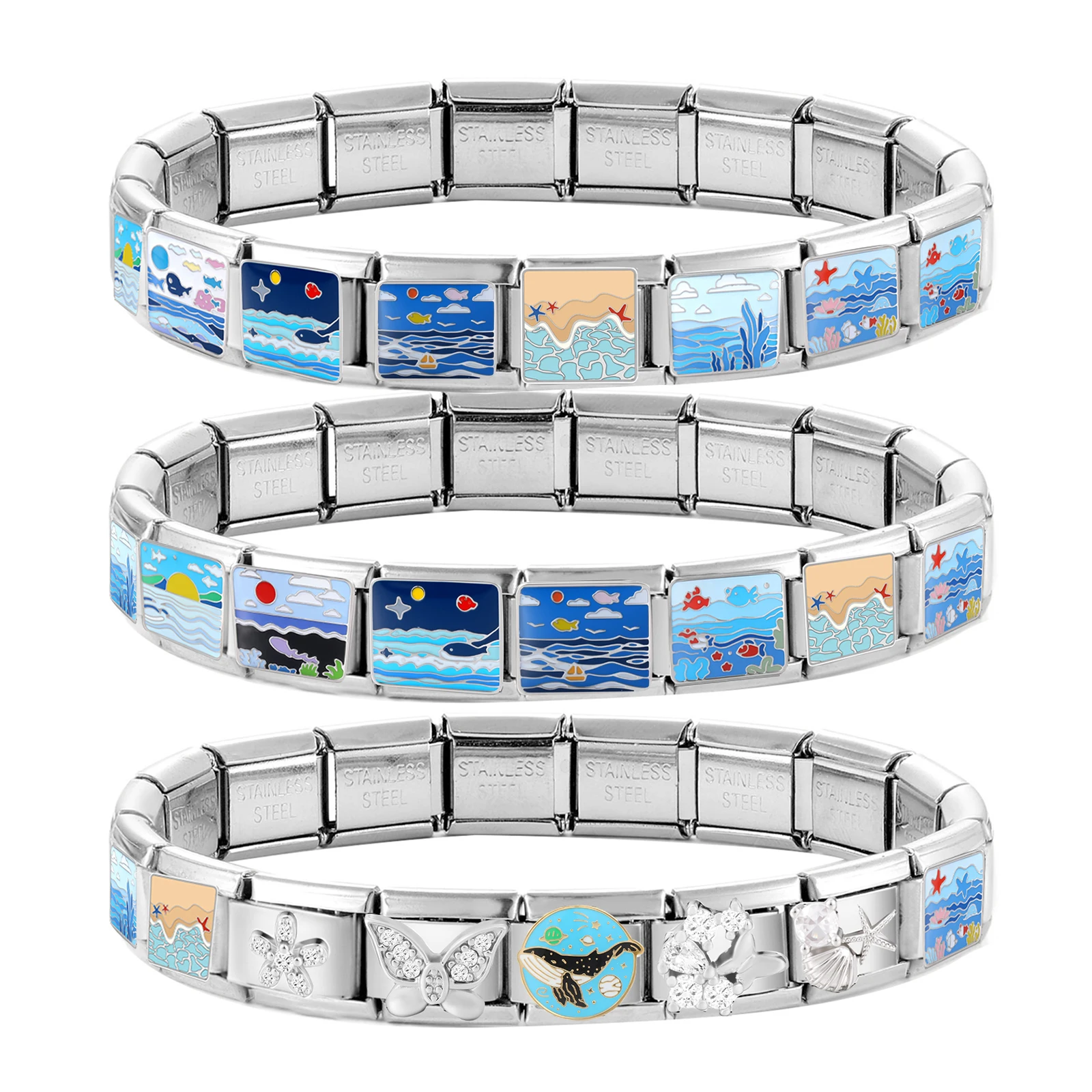 

Fashion Blue Sea Series Starfish Whale Cat High Quality Italian Charm Fit 9mm Stainless Steel Bracelet DIY Jewelry Making Gifts