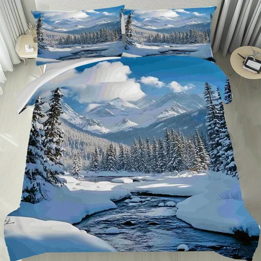 Winter Forest Duvet Cover Full King Natural Scenery Comforter Cover Snowy Landscape Bedding Set for Teens Adults Christmas Gift