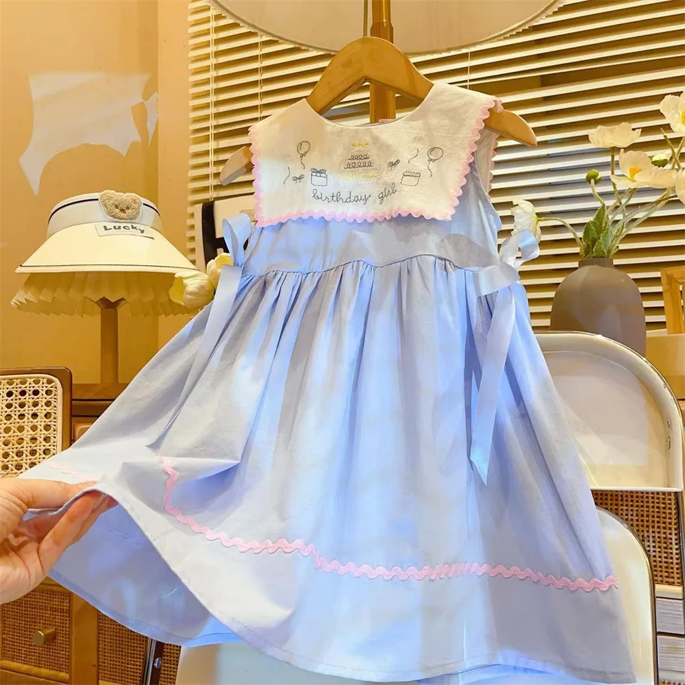 Girls Casual Dresses New Summer Blue Dress Baby Doll Collar Vest 2024 Round Collar Fashion Simple Childrens Clothing Lovely