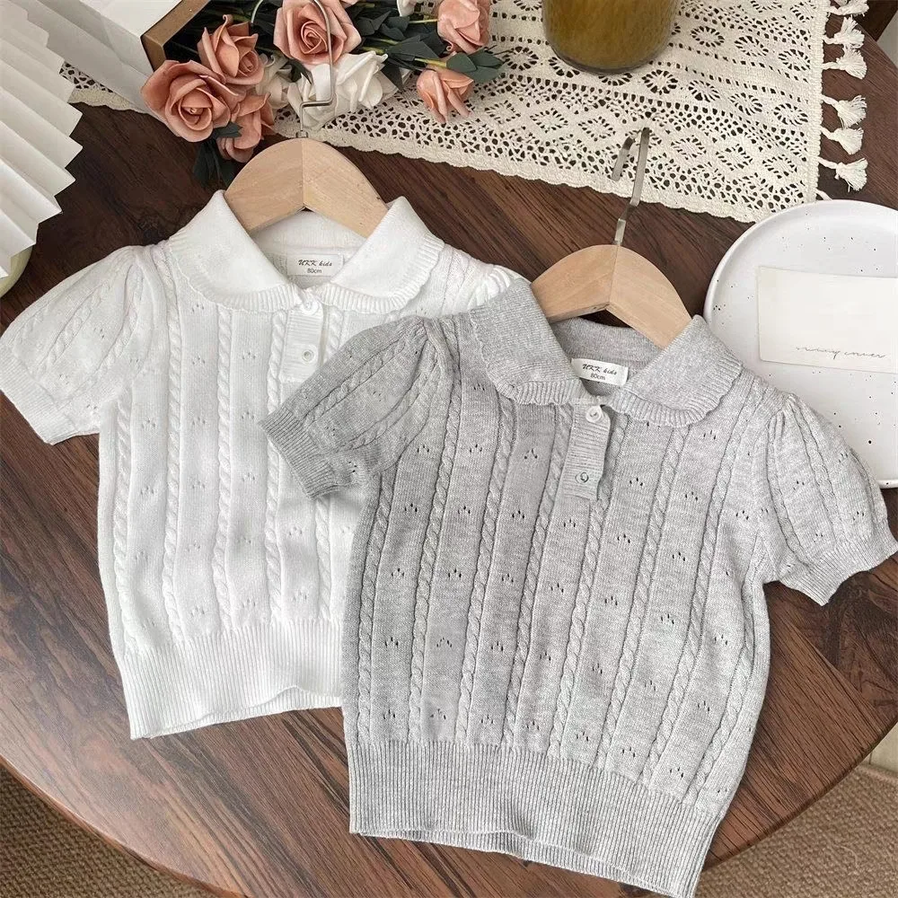 Girls Lace Knitted Short Sleeve Top Summer New Style Children Doll Collar T-Shirt Cute Feminine Fashion for Little Girls