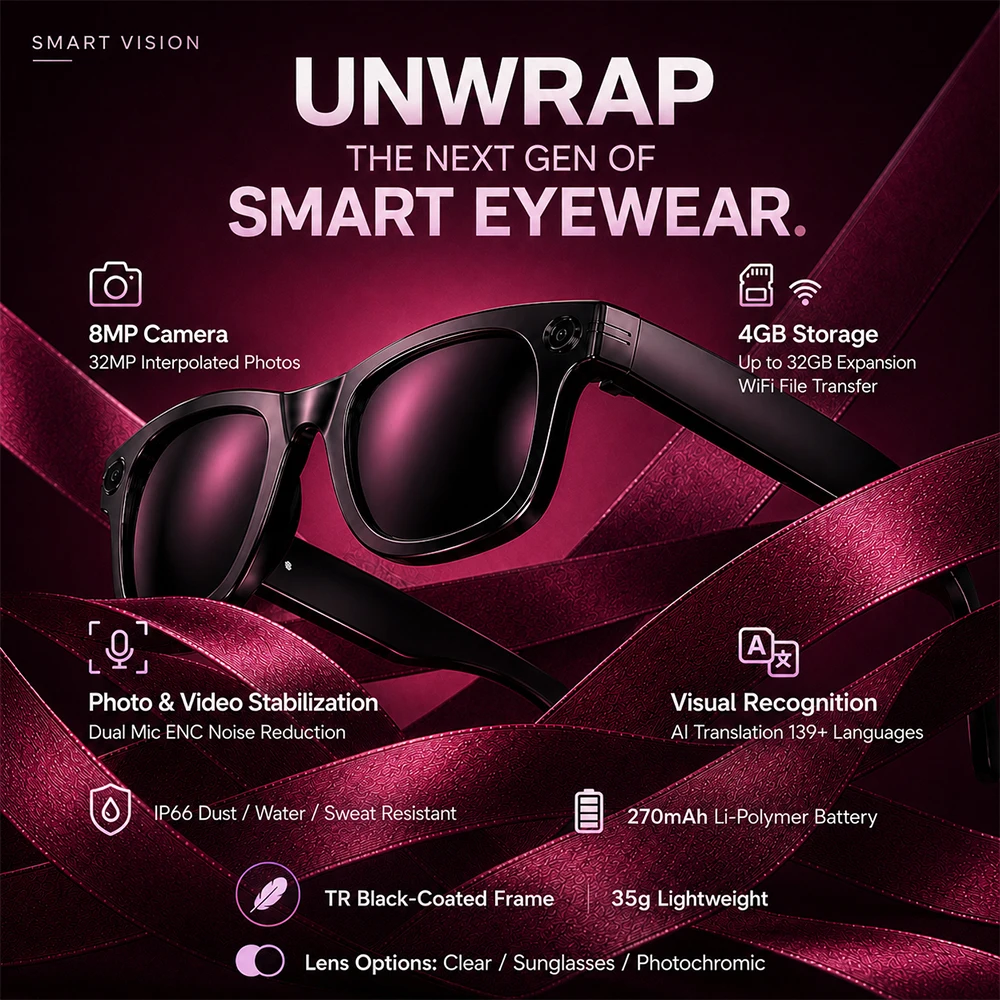 AI Camera Smart Glasses 8MP 32MP Photos EIS Video Stabilization WiFi File Transfer ENC Dual Mic 139+ Languages Translation IP66