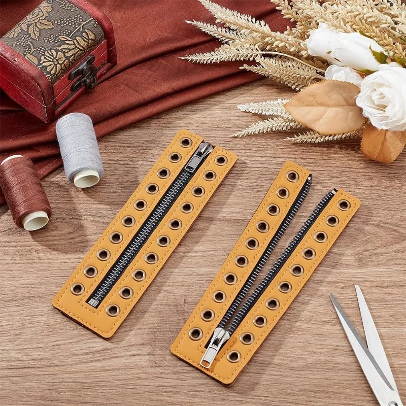 2 Pairs Leather Lace-in Boot Zipper Inserts 6.9 x 2 Inch Eyelets Zipper Boot Laces 10 Holes No Tie Shoe Laces for Adults Men