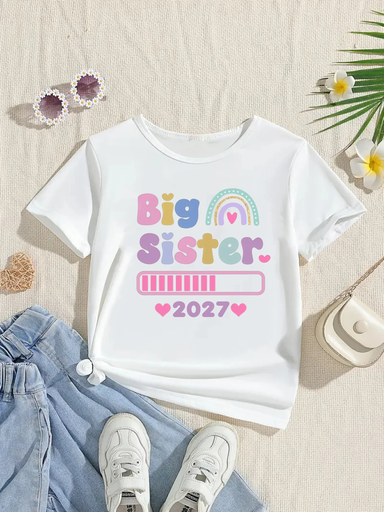 Rainbow Big Sister Loading 2027 Hearst Bedrucktes T-Shirt für Mädchen, Schwangerschaftsankündigung, T-Shirt, Kawaii-Kinderkleidung, Sommer-T-Shirt – Detail 4