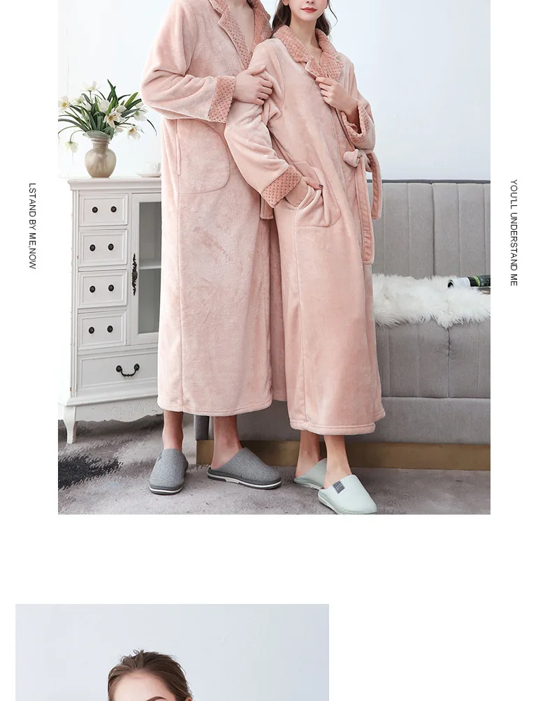 Herren Plüsch-Flanell Bademantel Fleece Kimono-Stil Langer Bademantel mit Waffelbesatz-Kragen und Bindegürtel Gemütliche Lounge-Schlafbekleidung Winter-Robe – Detail 9