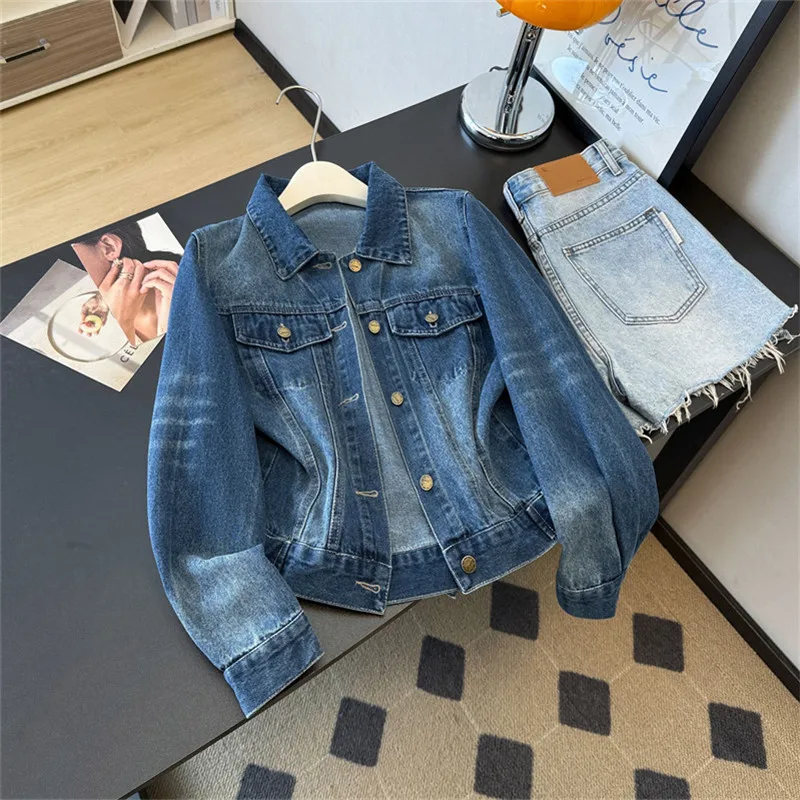 

Весенне-осенняя новая женская винтажная синяя короткая джинсовая куртка, повседневная ковбойская верхняя одежда с отложным воротником и длинными рукавами, женское базовое пальто