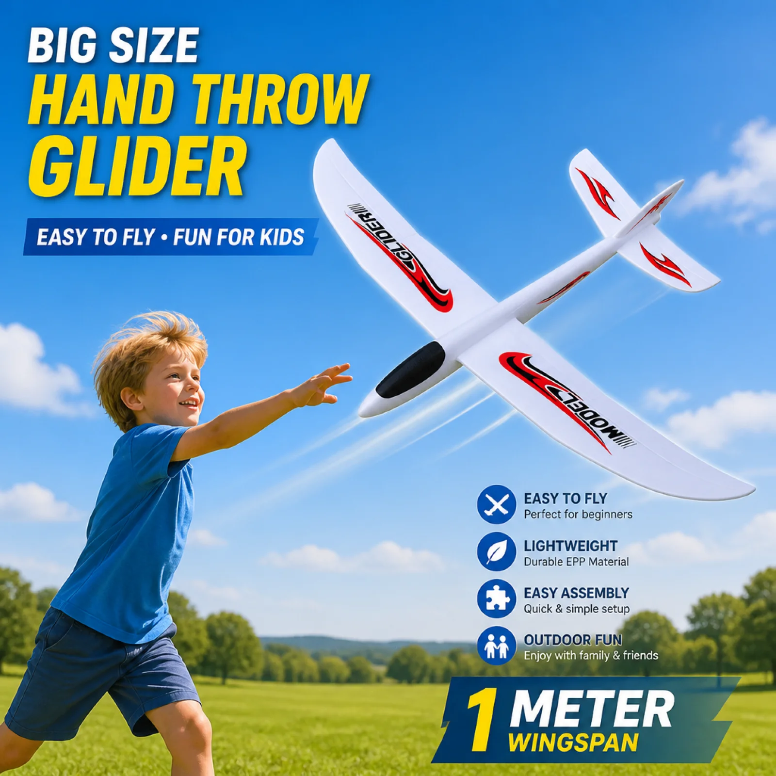 Hand-Thrown Glider Plane for Kids, Large Fixed Wing Assembly, Outdoor Toy