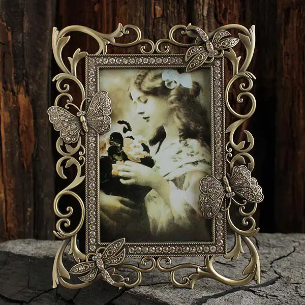 Butterfly Dragonfly Photo Frame Rectangular Antique Metal Industrial Style 6-inch Retro Classic Photo Frame, Decoration