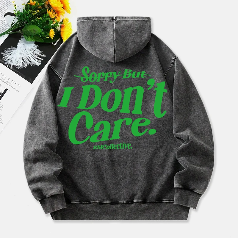 Sorry But I Don'T Care Washed Hoodies Women Letter Prints Cotton Streetwear Pocket Oversize Warm Pullovers Casual Womans Clothes