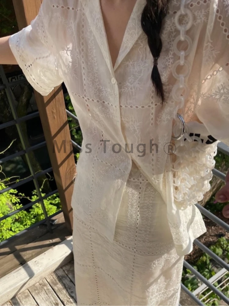 Korean Fashion Loose Lapel 2 Piece Set Women Summer Vintage Solid Half Sleeve Hollow Out Tops Female + High Waist A Word Skirt