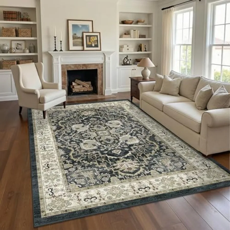 

Washable 5x7 Area Rug - Living Room Rug Distressed Low Pile Mats Pad Non Slip Soft Rugs for Dining Room with Rubber Backing Bed