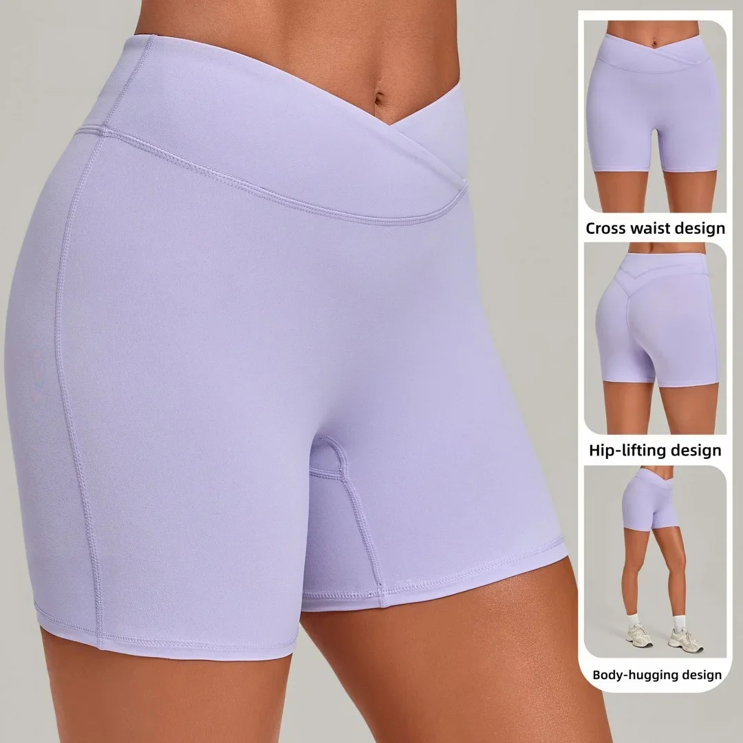 Women's Yoga Shorts High Waist Hip Lift Naked Cross Waist Skinny Yoga Sports Shorts Running Cycling Workout Gym Yoga Shorts