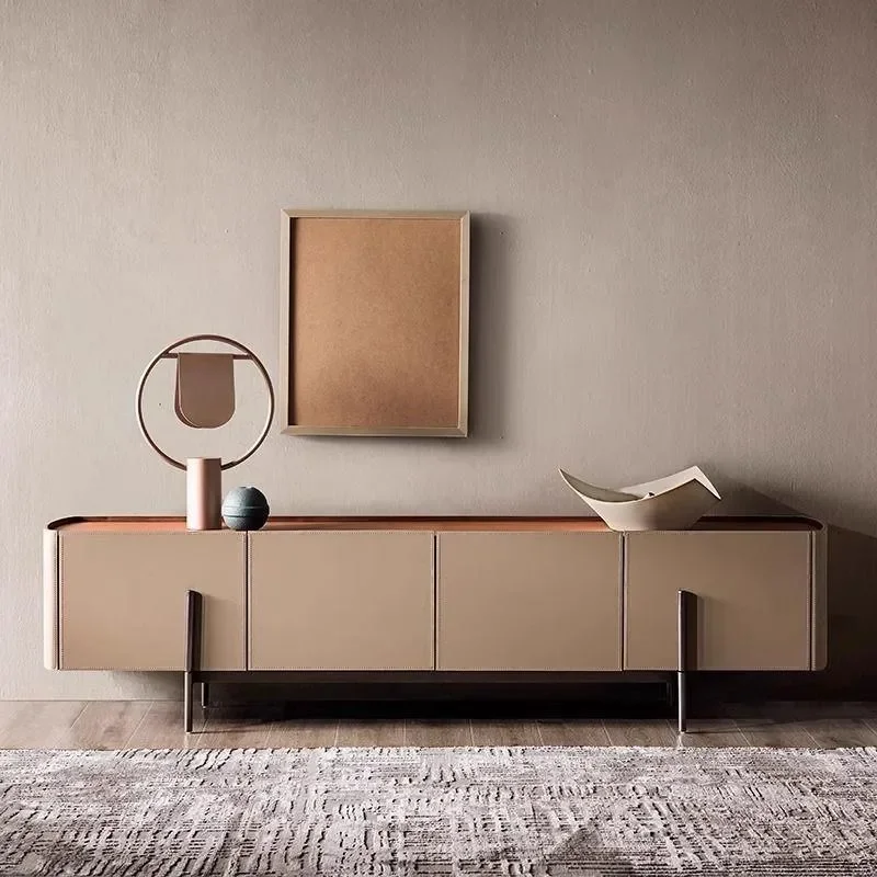 Italian Minimalist Saddle Leather TV Stand Coffee Table Combo Compact Audio Visual Storage Unit for Small Apartment Living